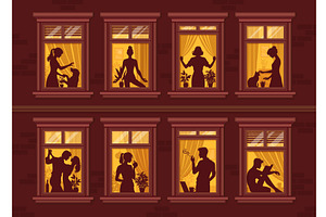 People silhouettes in night windows, a Person Illustration by Vector Tradition