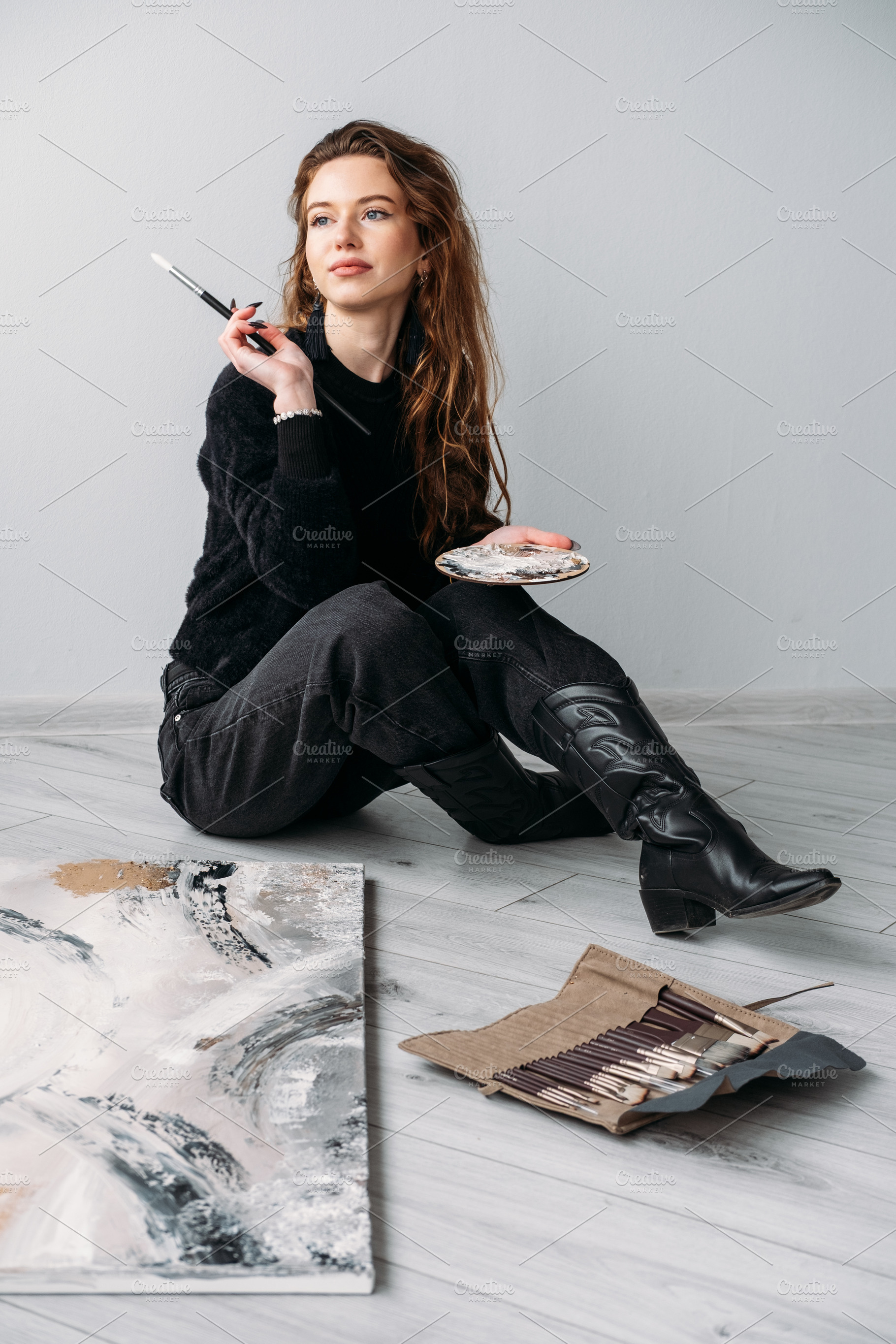 Painter studio female artist creative brush canvas, a Person Photo by Photo Drive Studio