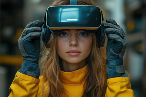 Young woman wearing virtual reality, a Photo by Tanuart