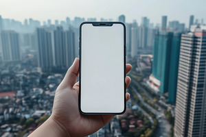 A person holding a smartphone iPhone mockup with a blank screen against a city, an iPhone Mockup by Textures & Backgrounds