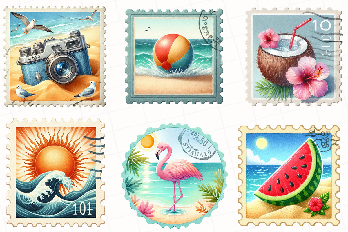 Summer Beach Postage Stamp Clipart, an Illustration by OK Design (Photo 5 of 5)