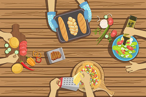 Children Craft And Cooking Lesson Two Illustrations With Only Hands Visible From Above The Table