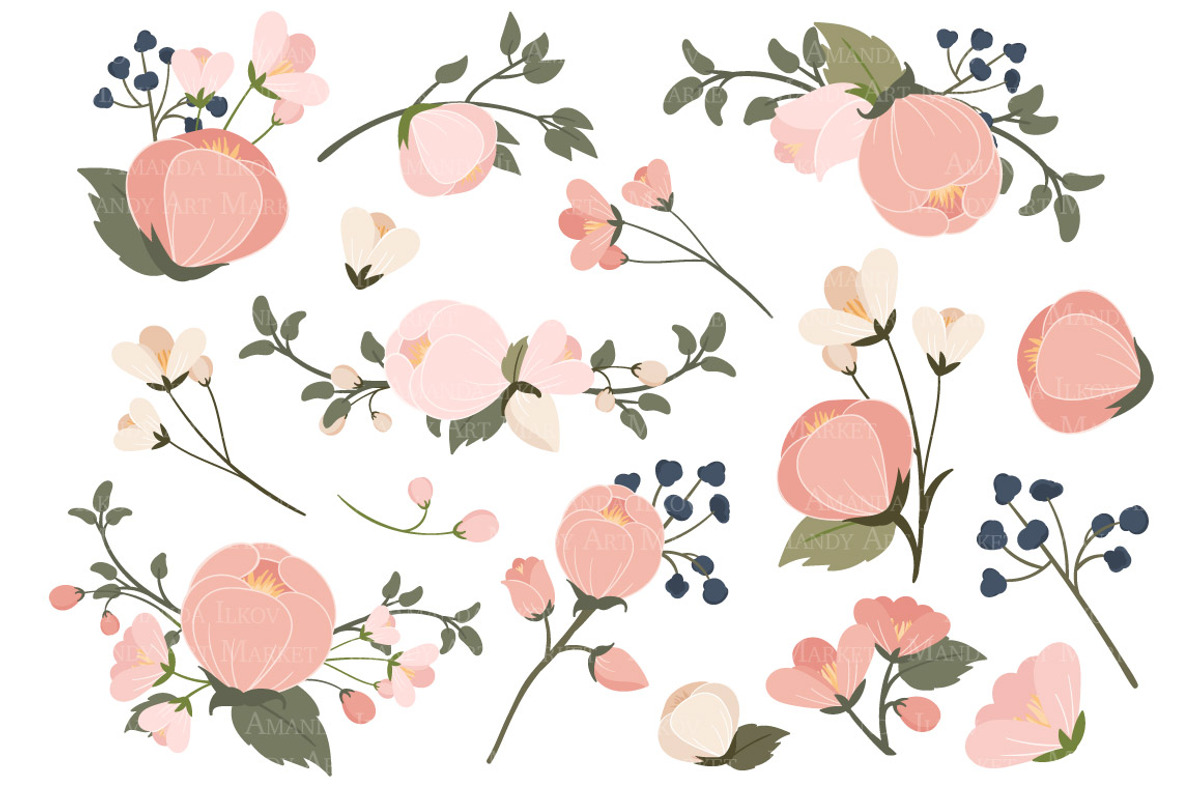 Navy & Pink Floral Clipart & Vectors, an Illustration by Amanda Ilkov (Photo 2 of 3)