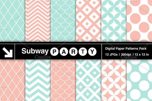 Mint & Coral Retro Geometric Papers preview 2