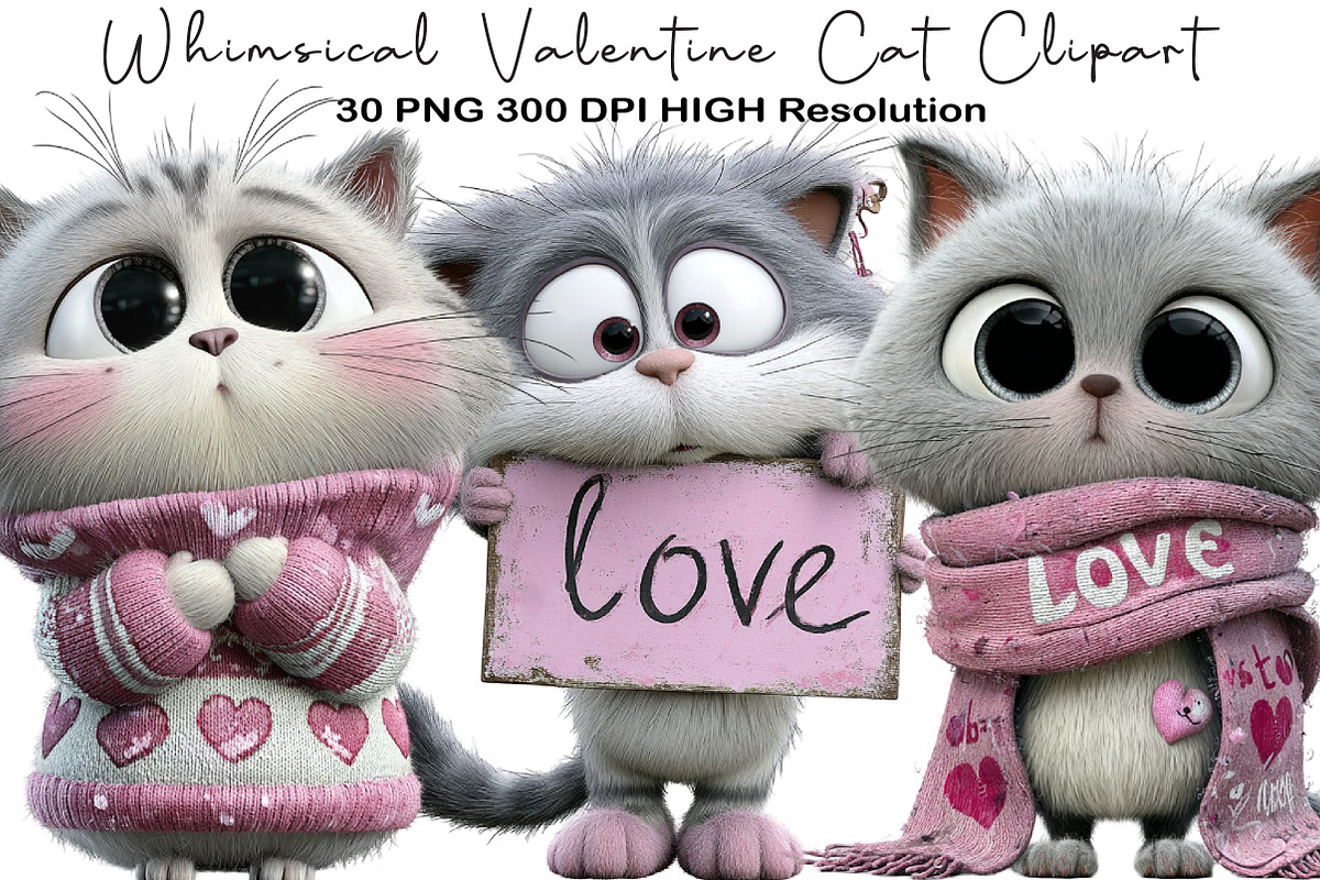 Whimsical Valentine Cat Clipart, an Illustration by Black Bird Studio (Photo 1 of 6)