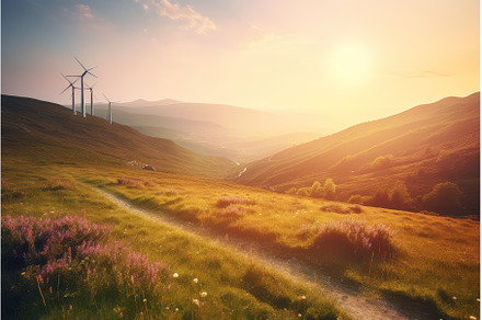 Wind turbines field. Generate Ai, an Industrial Photo by Ylivdesign