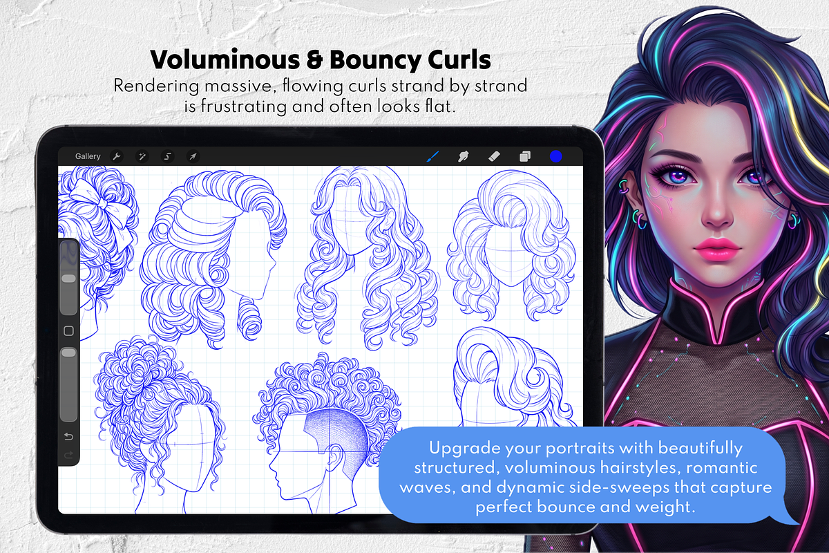 240 Curly Hair Procreate Stamps, a Brush Add-On by Selentaori Studio (Photo 5 of 12)