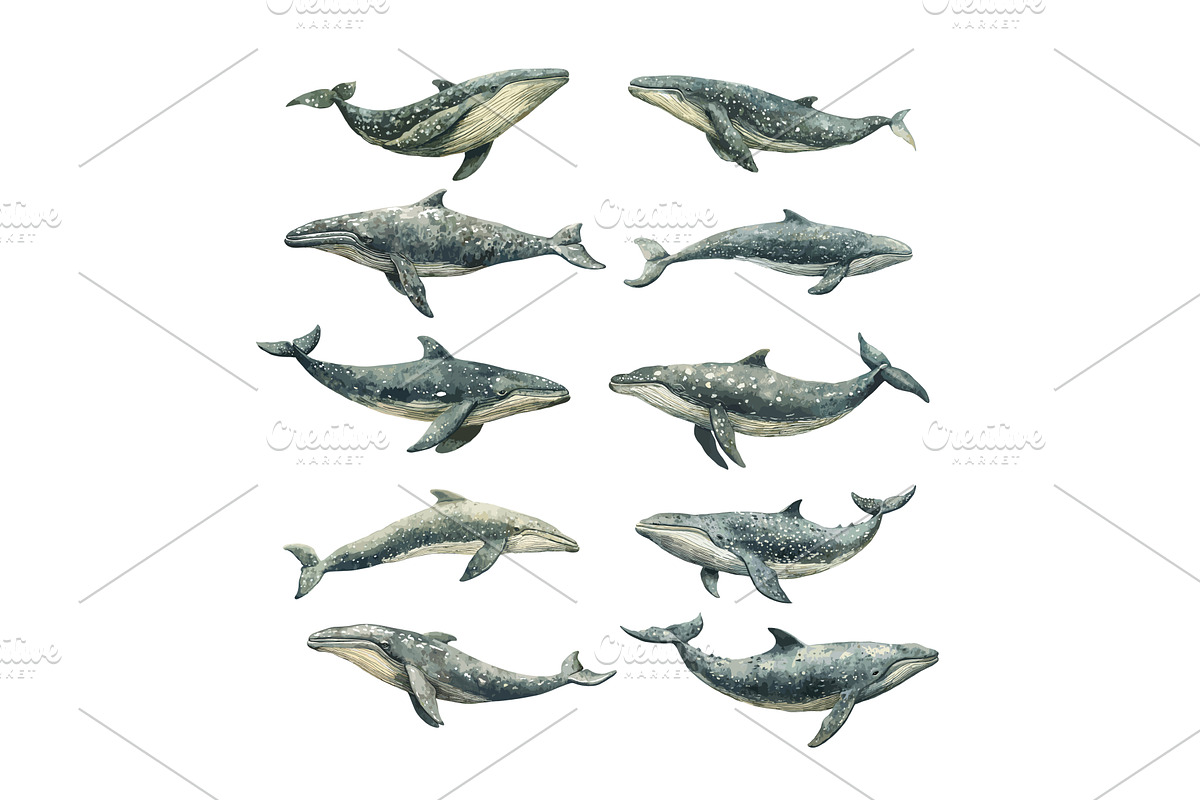 Marine whale watercolor vector set, an Animal Illustration by Valerie Bodnar