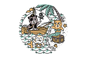 pirate cat and mermaid cat, an Animal Illustration by gunaonedesign