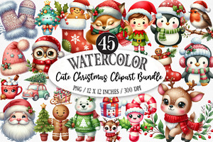 Cute Christmas Watercolor Clipart, an Illustration by Designking