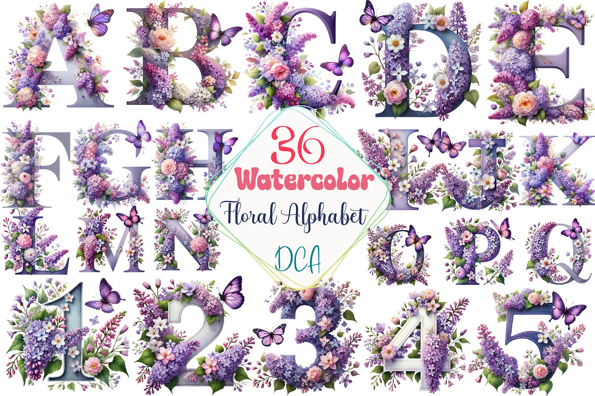 Watercolor Floral Alphabet Clipart, an Illustration by DreamCafeArt (Photo 1 of 3)