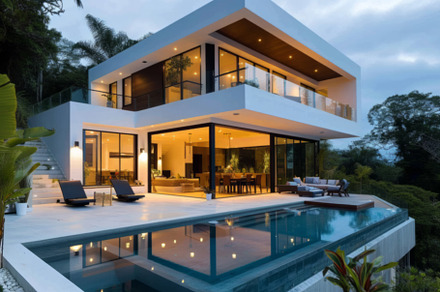 Contemporary Home with Pool and Outdoor Living Space at Dusk, an Abstract Photo by Natalia Klenova's Shop