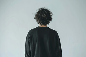Young man in black sweatshirt on grey background, back view, a Beauty & Fashion Photo by AlyaAnd