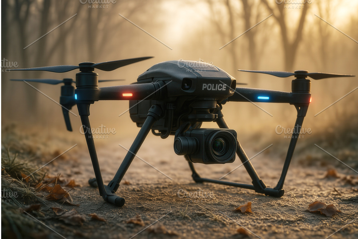 A police surveillance drone equipped, a Technology Illustration by Sergey Kotenev