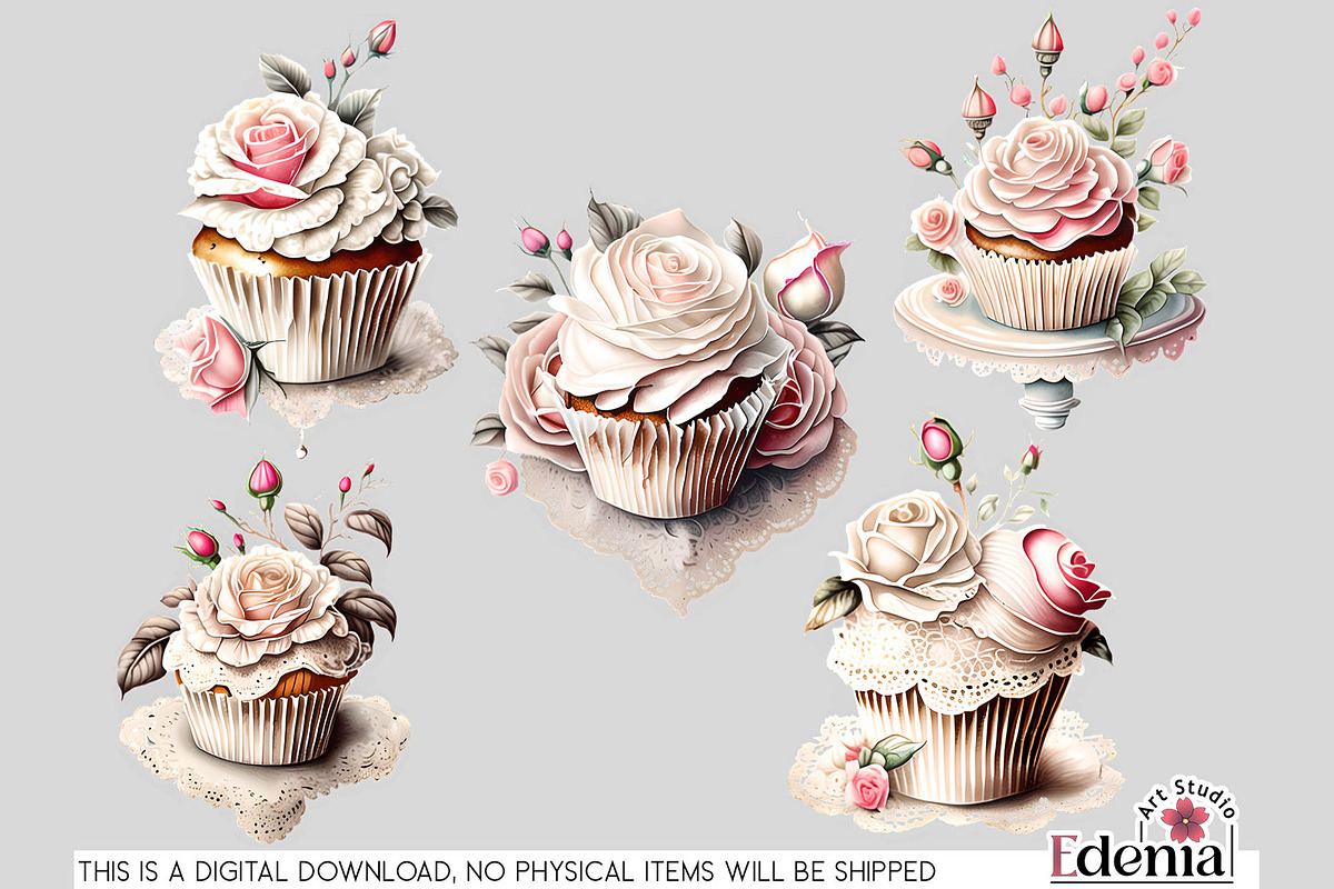 Vintage Romantic Cupcakes Cliparts, a Food Illustration by EdeniaArtStudio (Photo 5 of 5)