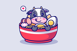Cute Cow In Ramen Noodle Bowl, an Animal Illustration by Catalyst Labs