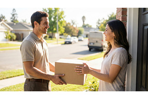 Delivery Man Gives Package, a Person Photo by CREATIVEDEF