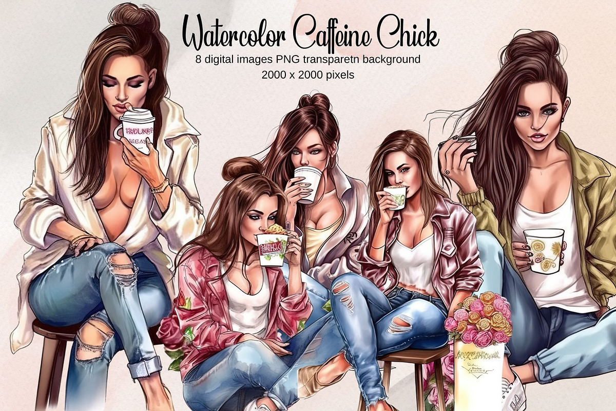 8 Watercolor Coffee Fashion Girl PNG, a Decorative Illustration by Jalina Clipart Studio (Photo 1 of 7)