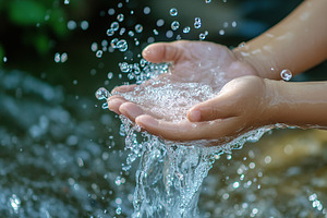 Child hands outstretching to catch water droplets in a sunny outdoor setting, a Food & Drink Photo by AlyaAnd