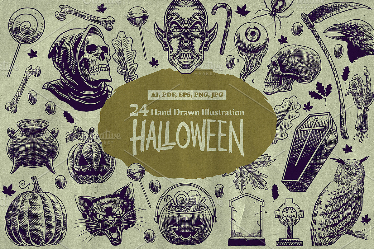 Vintage Halloween Hand Drawn set, an Object Graphic by bazzier_graphik (Photo 1 of 10)