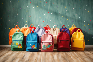 Colorful school bags on wooden shelf, a Photo by Iftikhar Alam