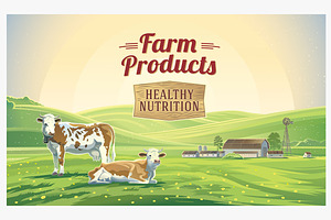 Rural sunrise landscape with cows.