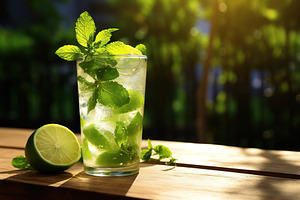 Alcoholic mojito with ice and mint on wooden table, a Food & Drink Photo by AlyaAnd
