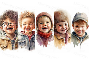 Watercolor Happy Kids Faces