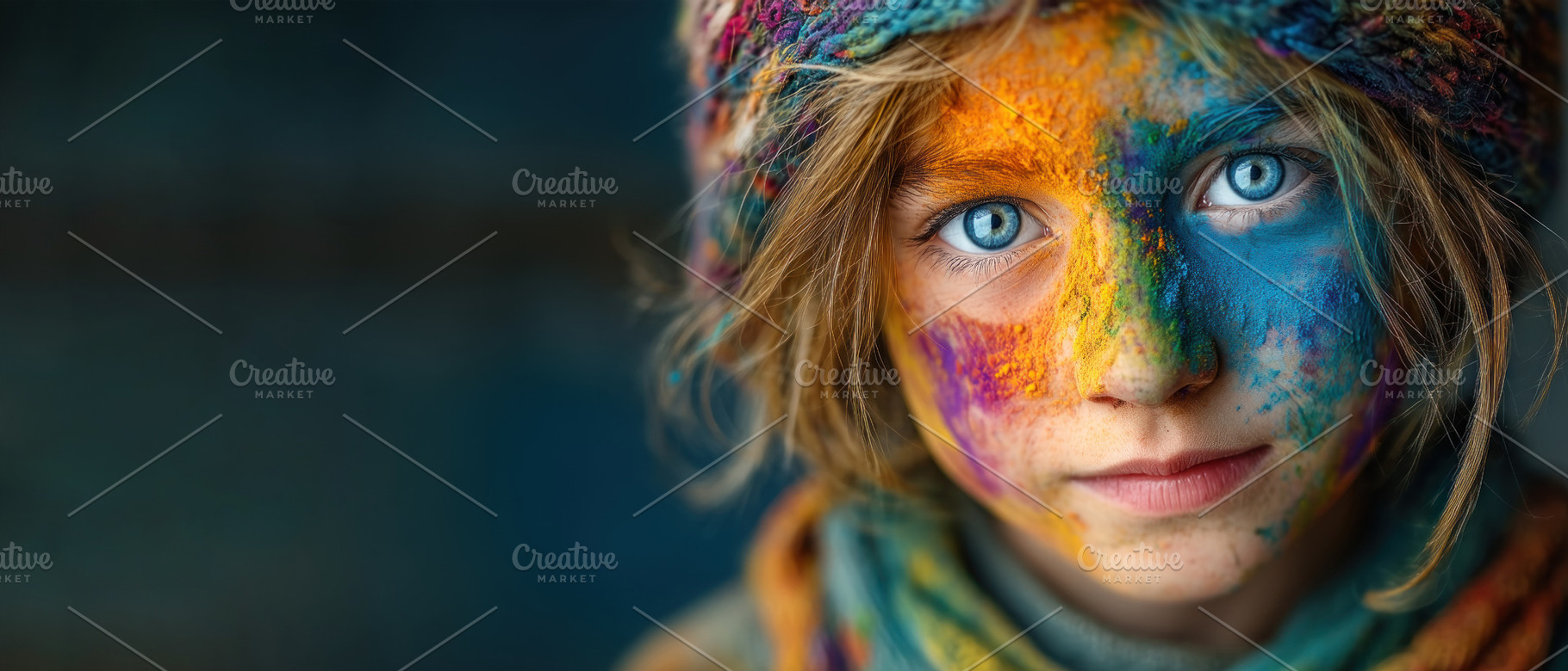 Colorful Holi festival portrait of child with vibrant powder pig, a Person Photo by José Manuel Gelpi