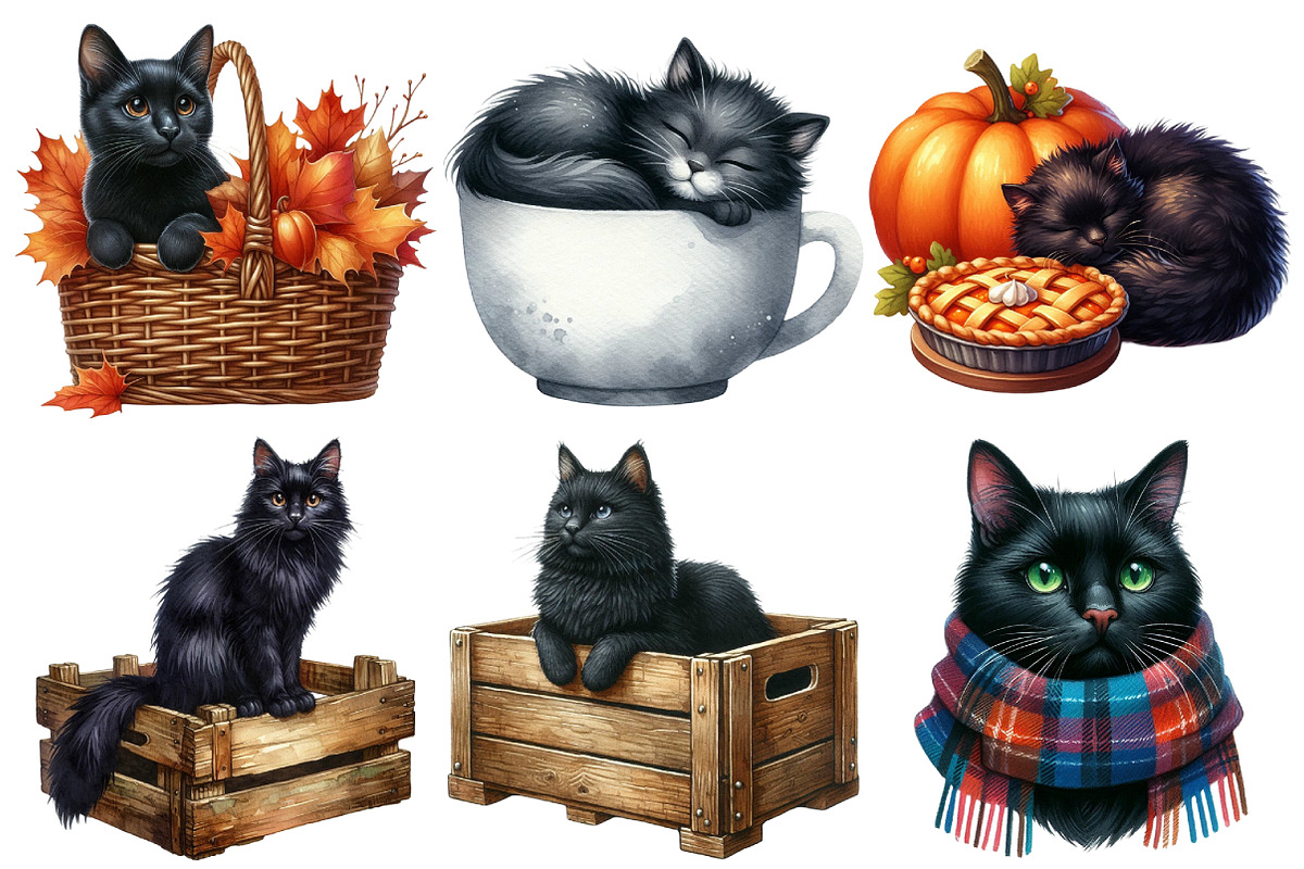 Autumn Black Cat Clipart, an Illustration by Pixels.Craft (Photo 2 of 7)