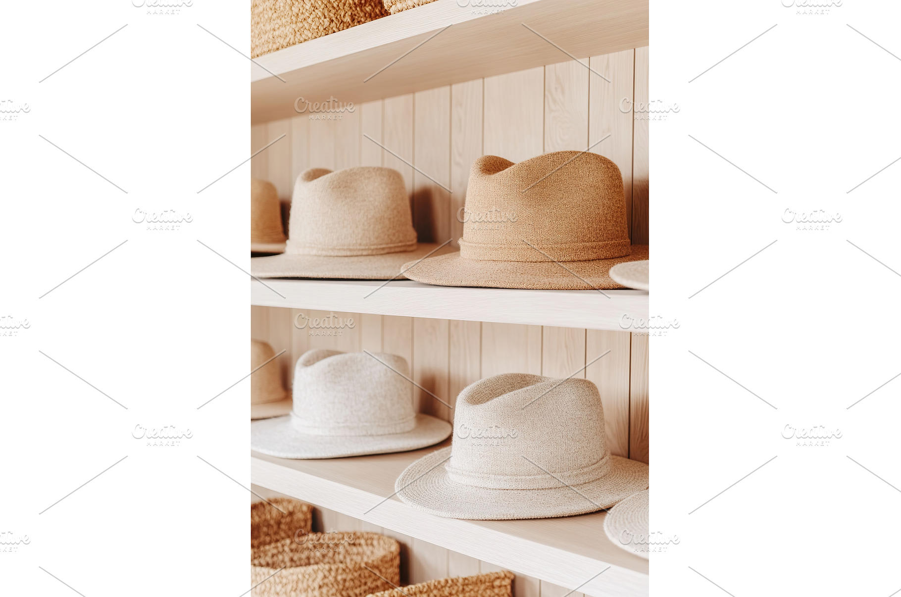 Stylish straw hats on wooden shelves, a Beauty & Fashion Photo by Lermont51