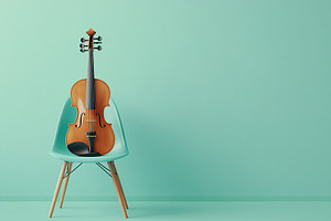 Violin on the chair on mint color background, a Photo by AlyaAnd