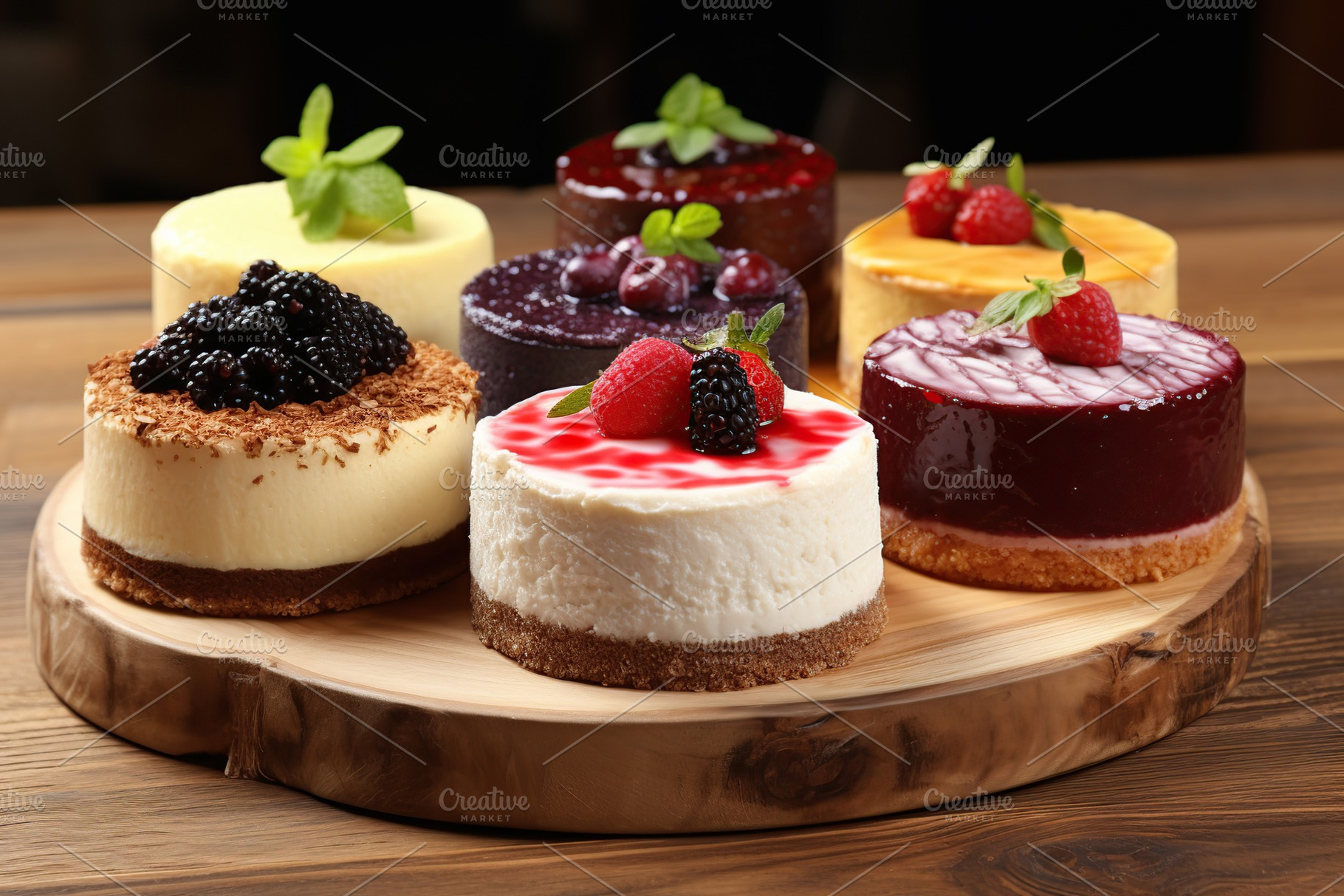 Different pieces of cheesecake with fresh berries on wooden table, a Food & Drink Photo by AlyaAnd