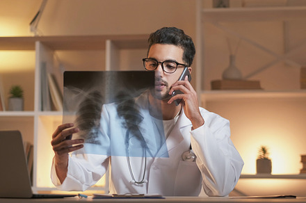 Phone diagnosis mobile doctor man x ray lungs desk, a Person Photo by Photo Drive Studio