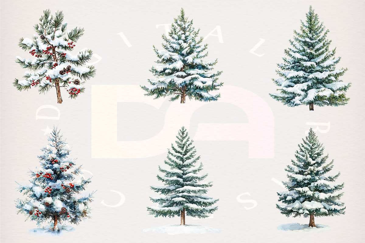 Watercolor Snowy Pine Trees Clipart, a Transportation Illustration by Digital Artistic99 (Photo 3 of 7)