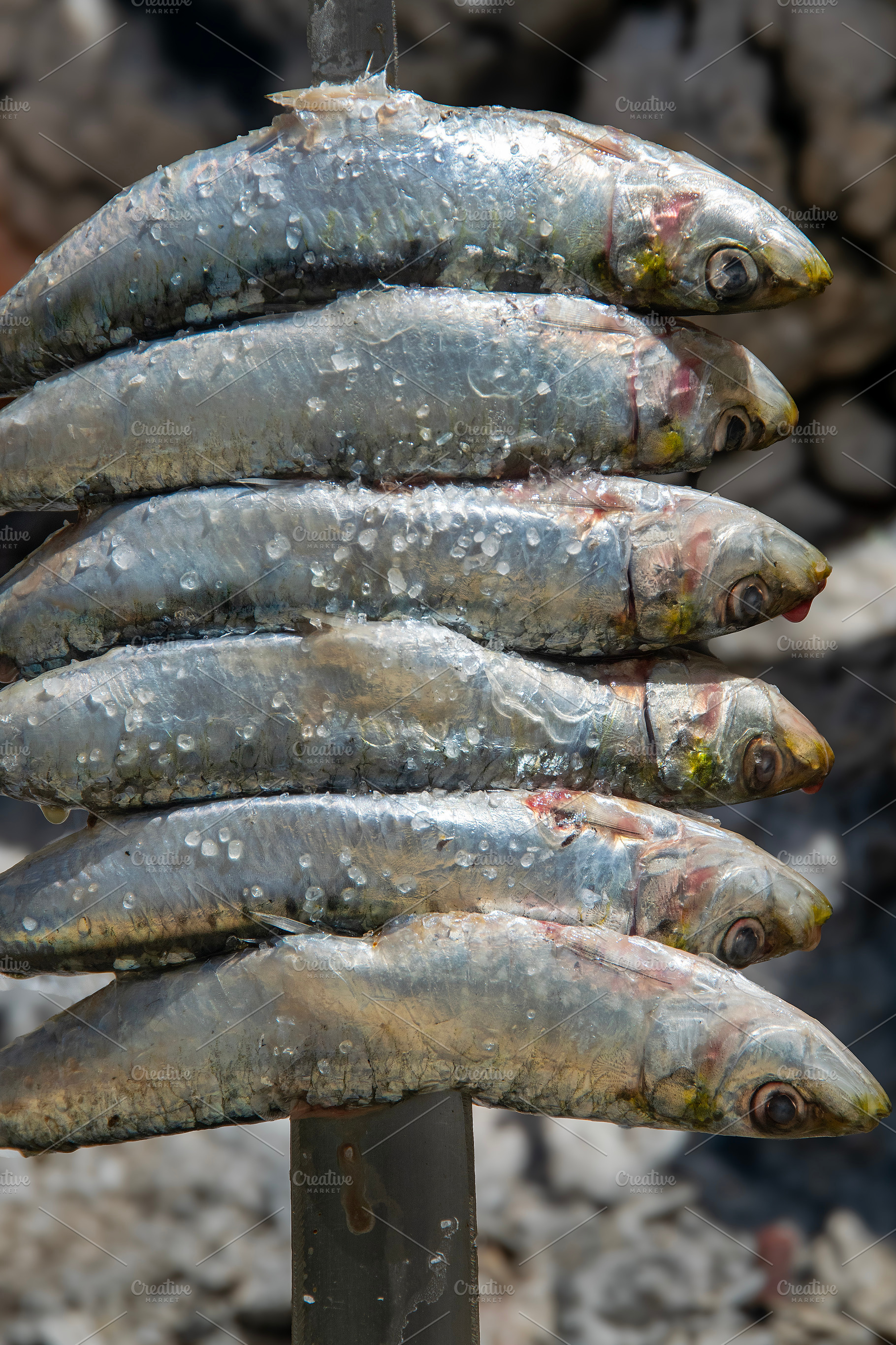 Grilled sardines skewered over open fire, a Food & Drink Photo by DanFLCreativo