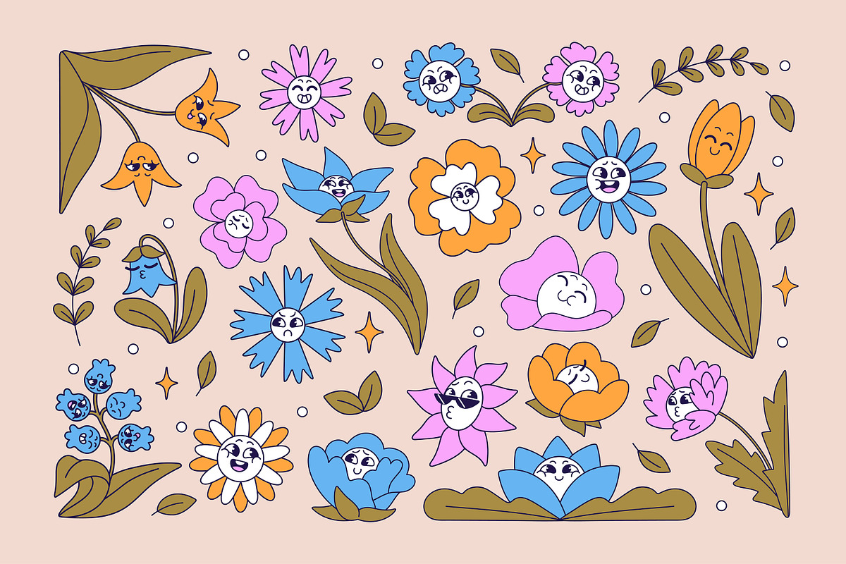 Cute groovy flowers set, backgrounds, a Decorative Illustration by PaperTrident (Photo 1 of 8)