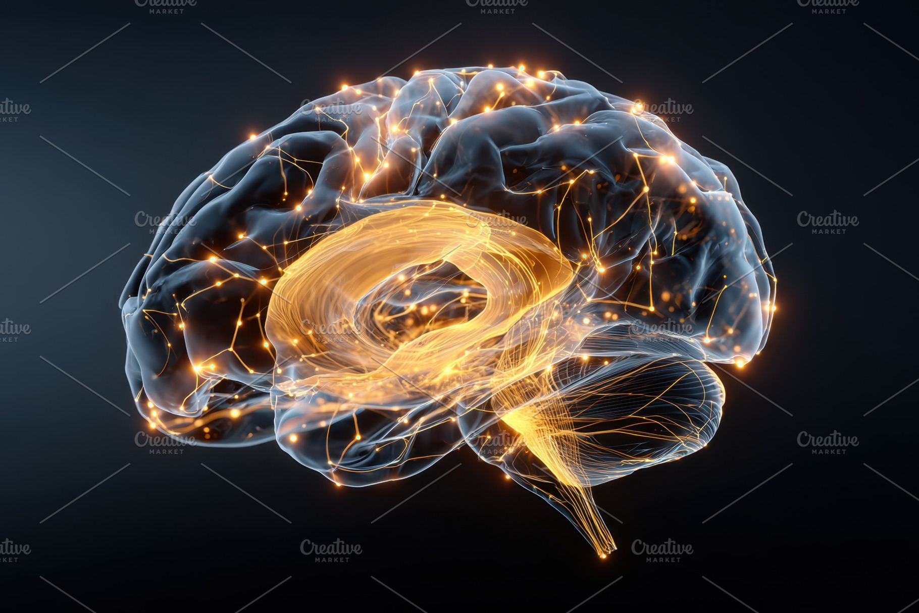 Glowing 3d brain with neural pathways, a Health & Medical Photo by AlyaAnd