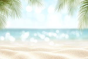 Blurred tropical beach with palm lea, a Photo by Dvoevnore photos