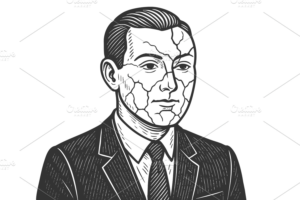 Cracked face businessman engraving, a Healthcare Illustration by AlexArt