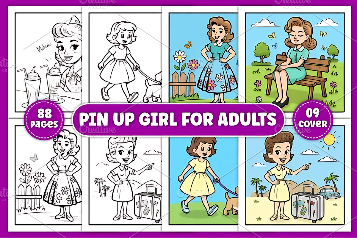 Pin Up Girl Coloring Pages for Adult, a Decorative Illustration by Ink Gallery (Photo 1 of 3)