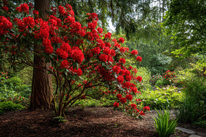 Bright red rhododendron bush blooms, a Photo by Pavel_design
