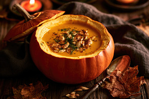 Creamy pumpkin soup served in pumpkins for Halloween dinner, a Food & Drink Photo by José Manuel Gelpi