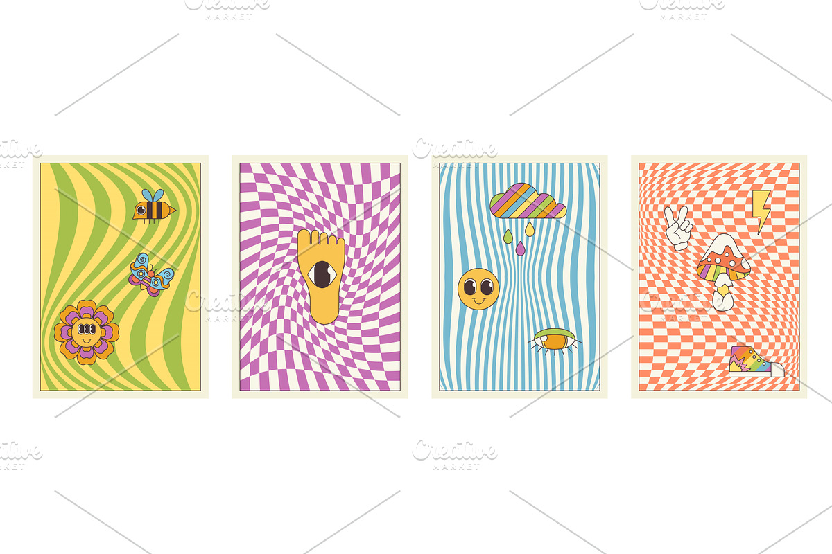 Groovy cartoon psychedelic patterns, an Object Illustration by Lemberg Vector