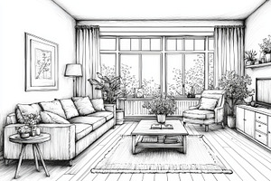 Elegantly sketched European living room with modern stylish furniture and decor, an Illustration by AS photostudio