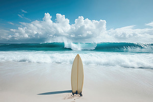 Surfer board standing firmly on white beach with waves crashing in the backgrou, an Arts & Entertainment Photo by AlyaAnd