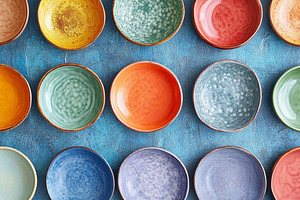 Vibrant round ceramic plates on a textured blue background., an Abstract Photo by Natalia Klenova's Shop