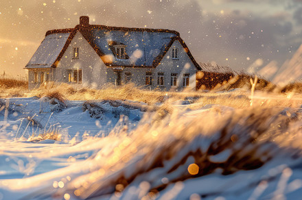 Winter landscape at sunset and house, a Nature Photo by Virgo Studio