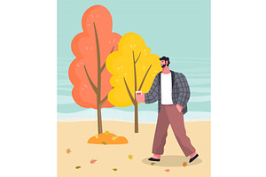 Man Walk In Autumn Park, Landscape