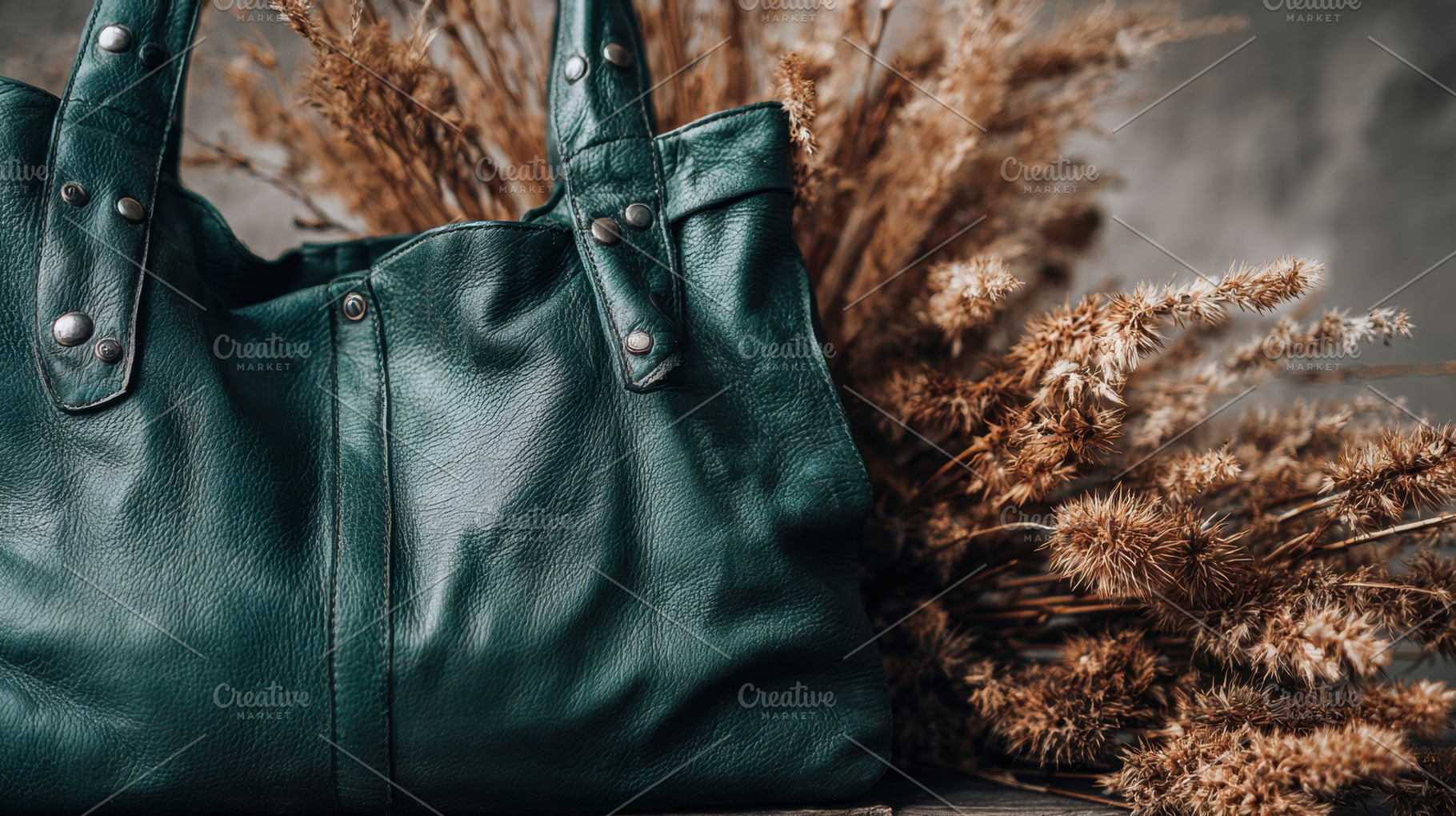Green leather bag near dried flowers, a Photo by Beautiful things